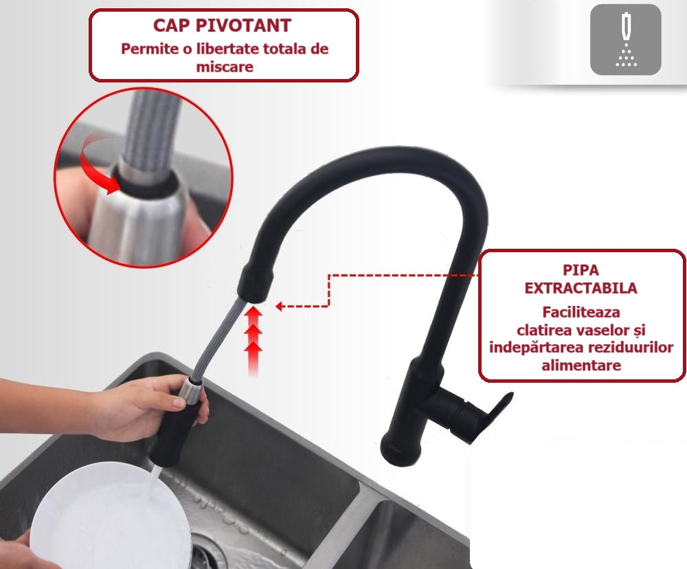 Baterie bucaterie, pipa extractabila, otel inoxidabil, negru RV6524B