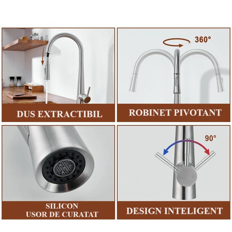 Baterie de bucatarie, otel inoxidabil, pipa extractabila, crom RV5817C