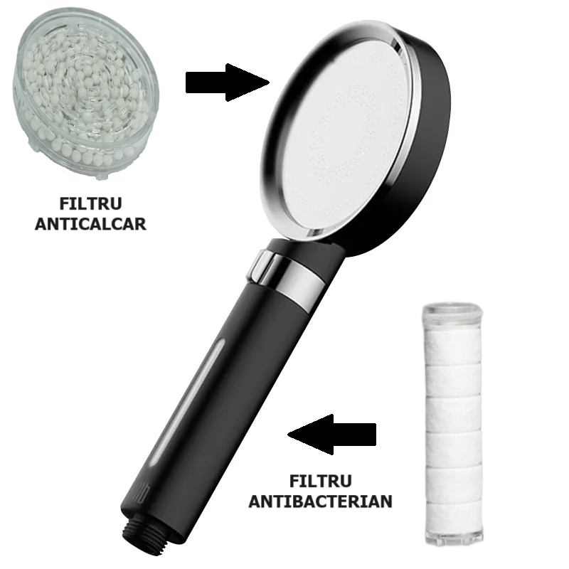 Set complet de dus, para cu 1 functie, 2 filtre, filtru anticalcat, filtru antibacterian, negru RV888847