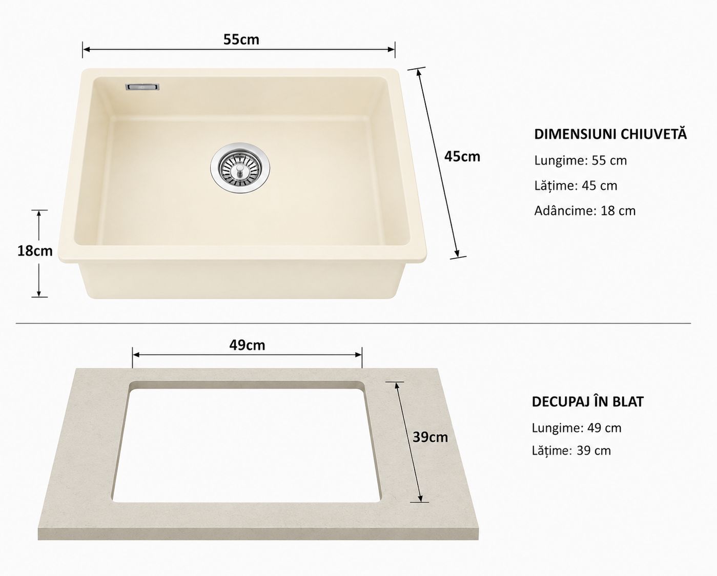 hiuveta Bucatarie Compozit Granit, Monocuva, instalare pe blat sau sub blat 55x45x18 cm RV8888152L