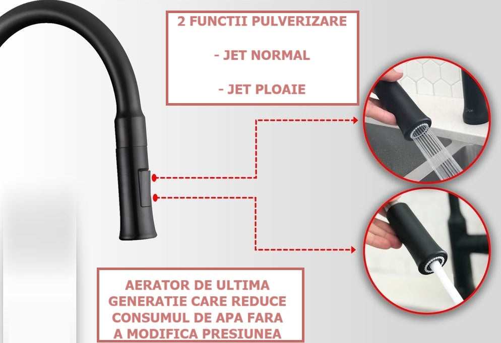 Baterie bucaterie, pipa extractabila, otel inoxidabil, negru RV6524B