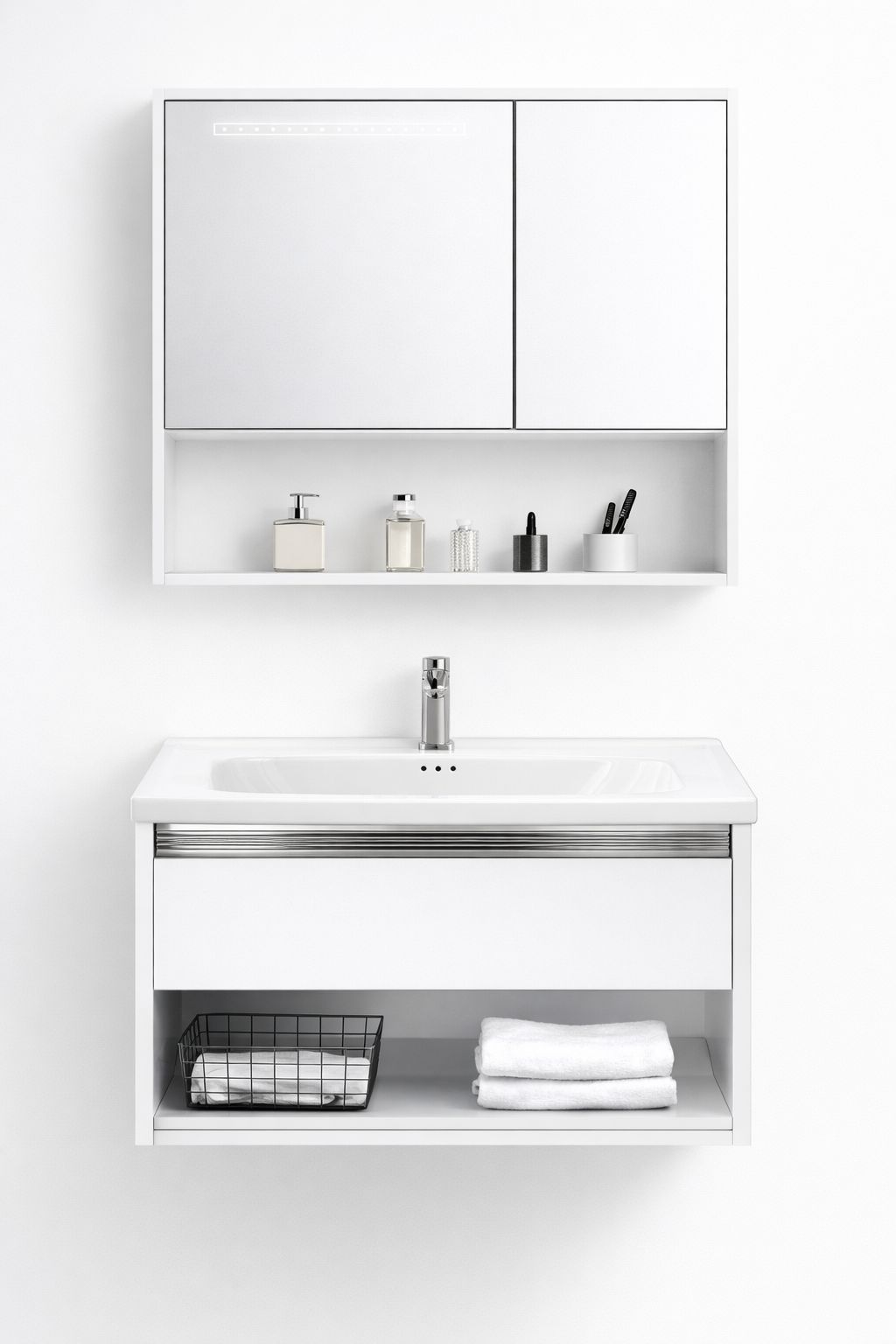 Set mobilier baie, suspendat, 60x47cm, sluminiu, sertar compartimentat, dulap oglinda 55x68x11cm, LED cu senzor, alb