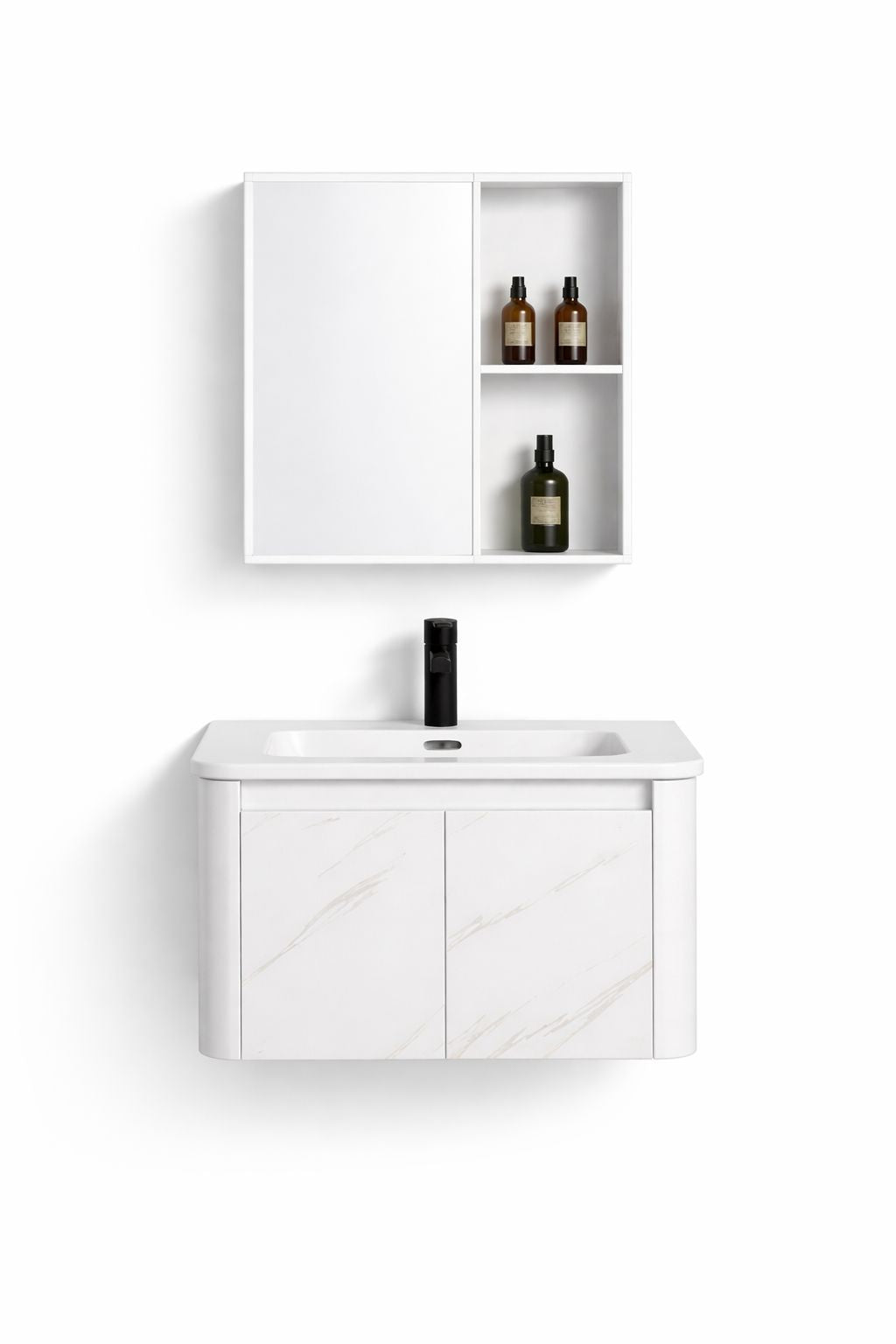Set mobilier baie, suspendat, lavoar inclus, 60x46x41cm, aluminiu, dulap de baie cu oglinda LED, 55x68x11cm, 3 culori lumina, functie dezaburire, alb marmorat
