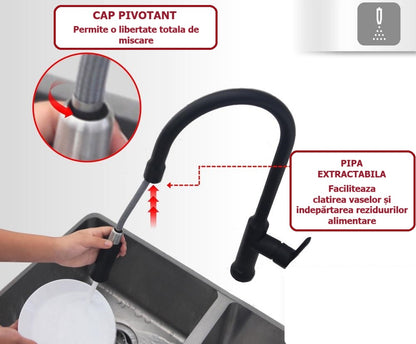 Baterie bucaterie, pipa extractabila, otel inoxidabil, negru  RV6524B