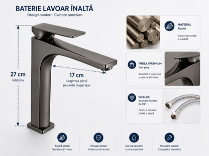 Baterie pentru lavoar cu corp inaltat, alama, gri  RV1401HG