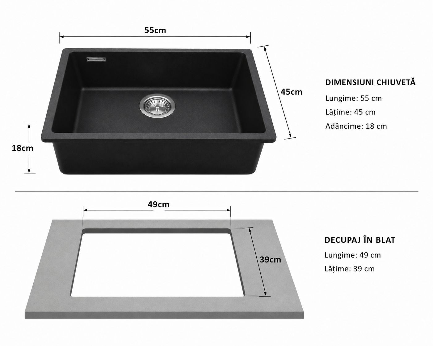 hiuveta Bucatarie Compozit Granit, Monocuva, instalare pe blat sau sub blat 55x45x18 cm RV8888152B