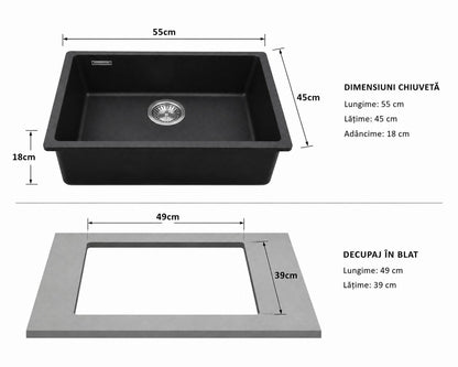 hiuveta Bucatarie Compozit Granit, Monocuva, instalare pe blat sau sub blat 55x45x18 cm RV8888152B