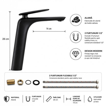 Baterie lavoar inaltata, alama, kit instalare inclus, negru  RV7401HB