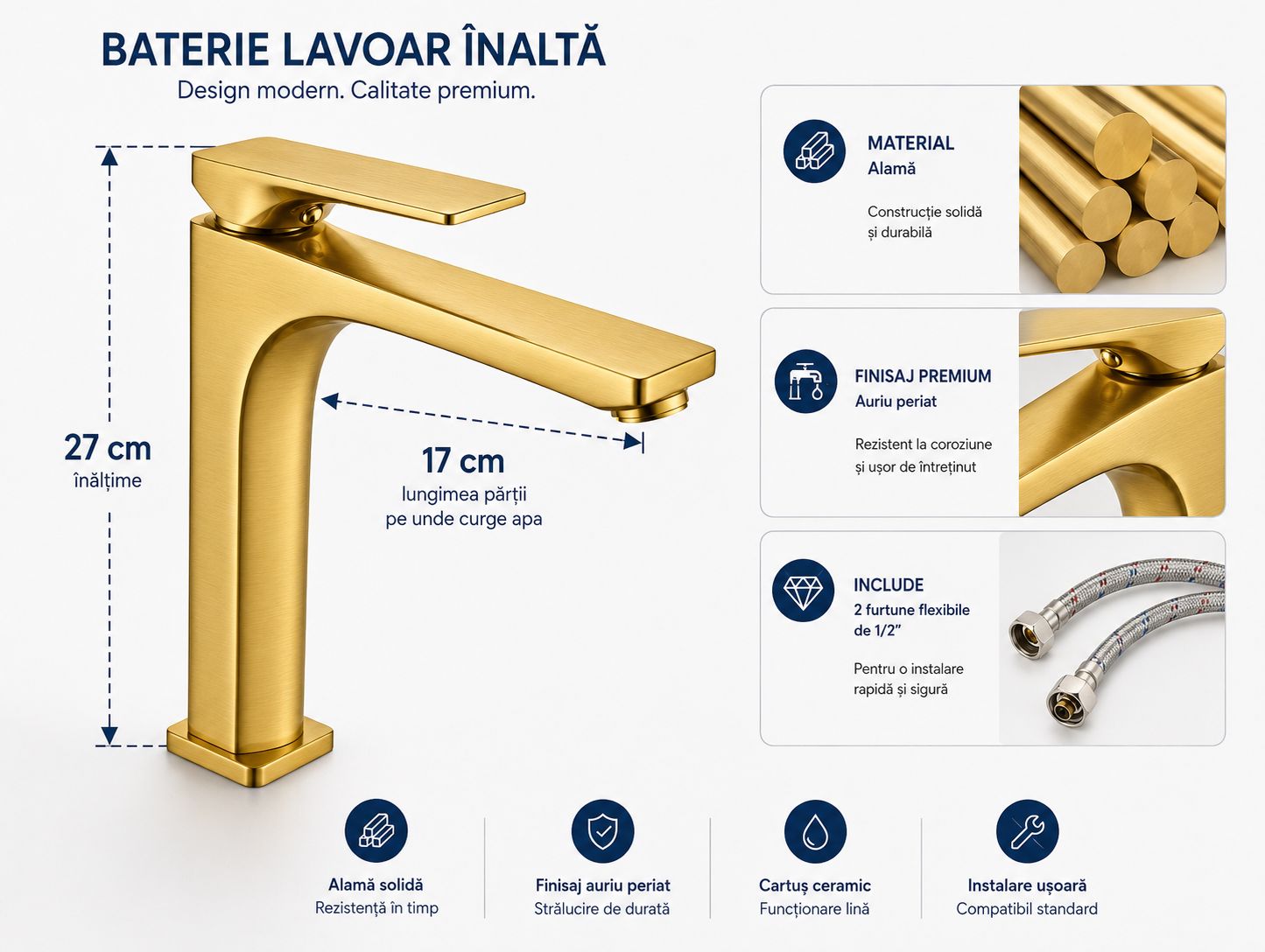Baterie pentru lavoar cu corp inaltat, alama, auriu periat  RV1401HBG
