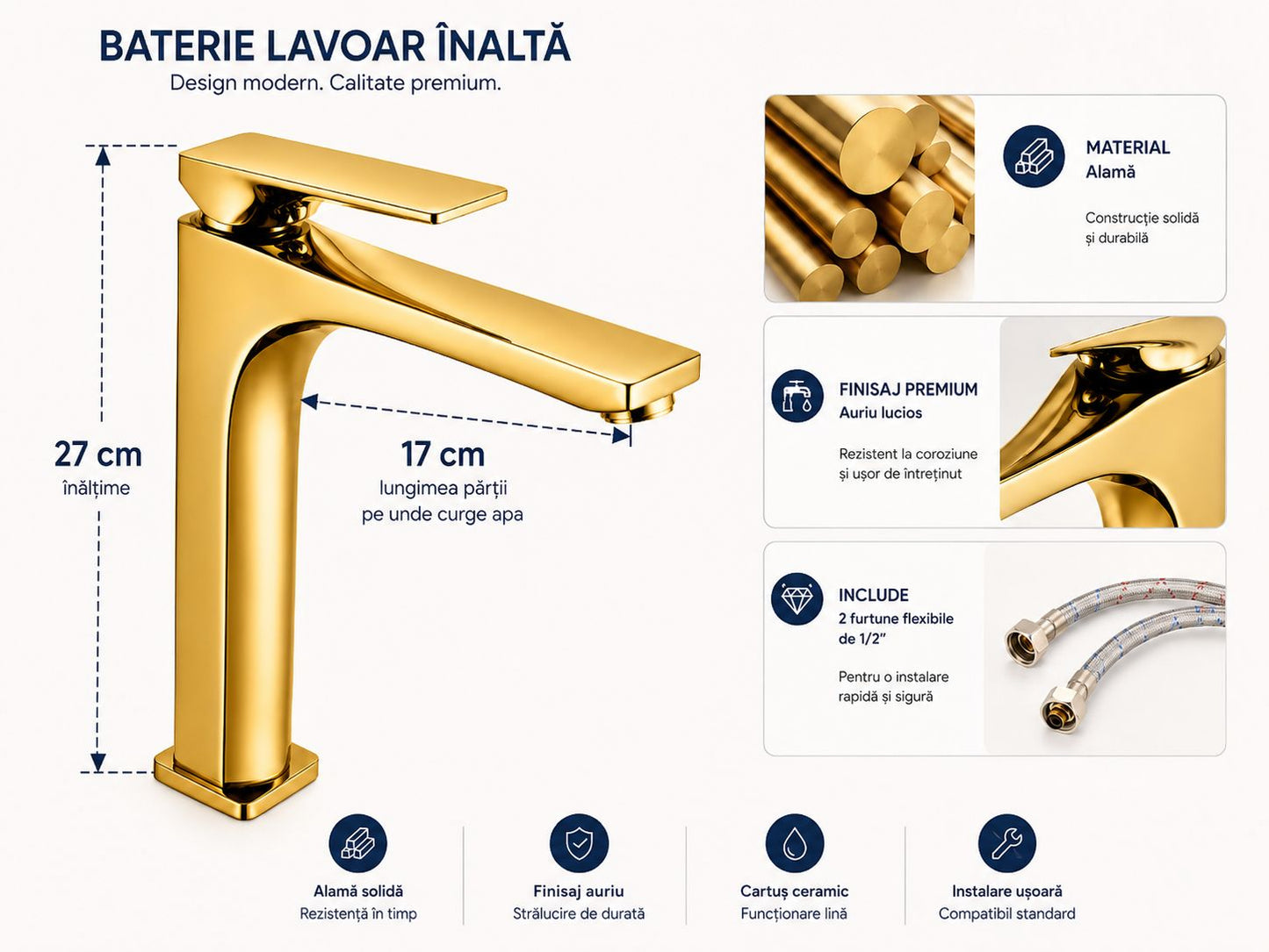 Baterie pentru lavoar cu corp inaltat, alama, auriu lucios  RV1401H.GOLD