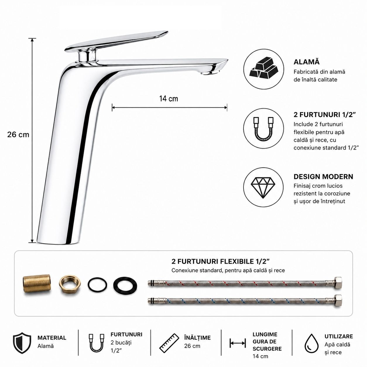 Baterie lavoar inaltata, alama, kit instalare inclus, crom  RV7401HC