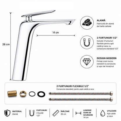 Baterie lavoar inaltata, alama, kit instalare inclus, crom  RV7401HC