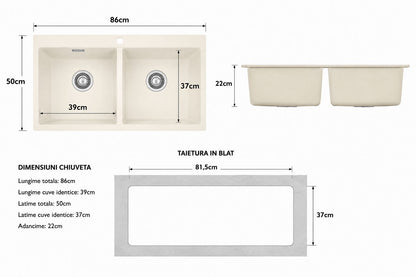 Chiuveta Bucatarie Compozit Granit, Dubla Cuve, Cu Accesorii Scurgere, 86x50 cm RV8888151L