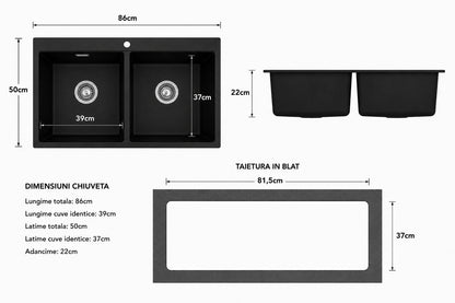 Chiuveta Bucatarie Compozit Granit, Dubla Cuve, Cu Accesorii Scurgere, 86x50 cm RV8888151B