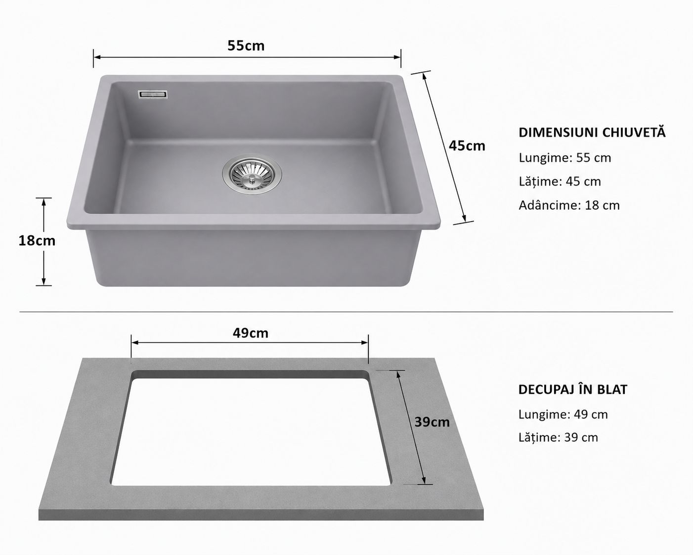 hiuveta Bucatarie Compozit Granit, Monocuva, instalare pe blat sau sub blat 55x45x18 cm RV8888152G