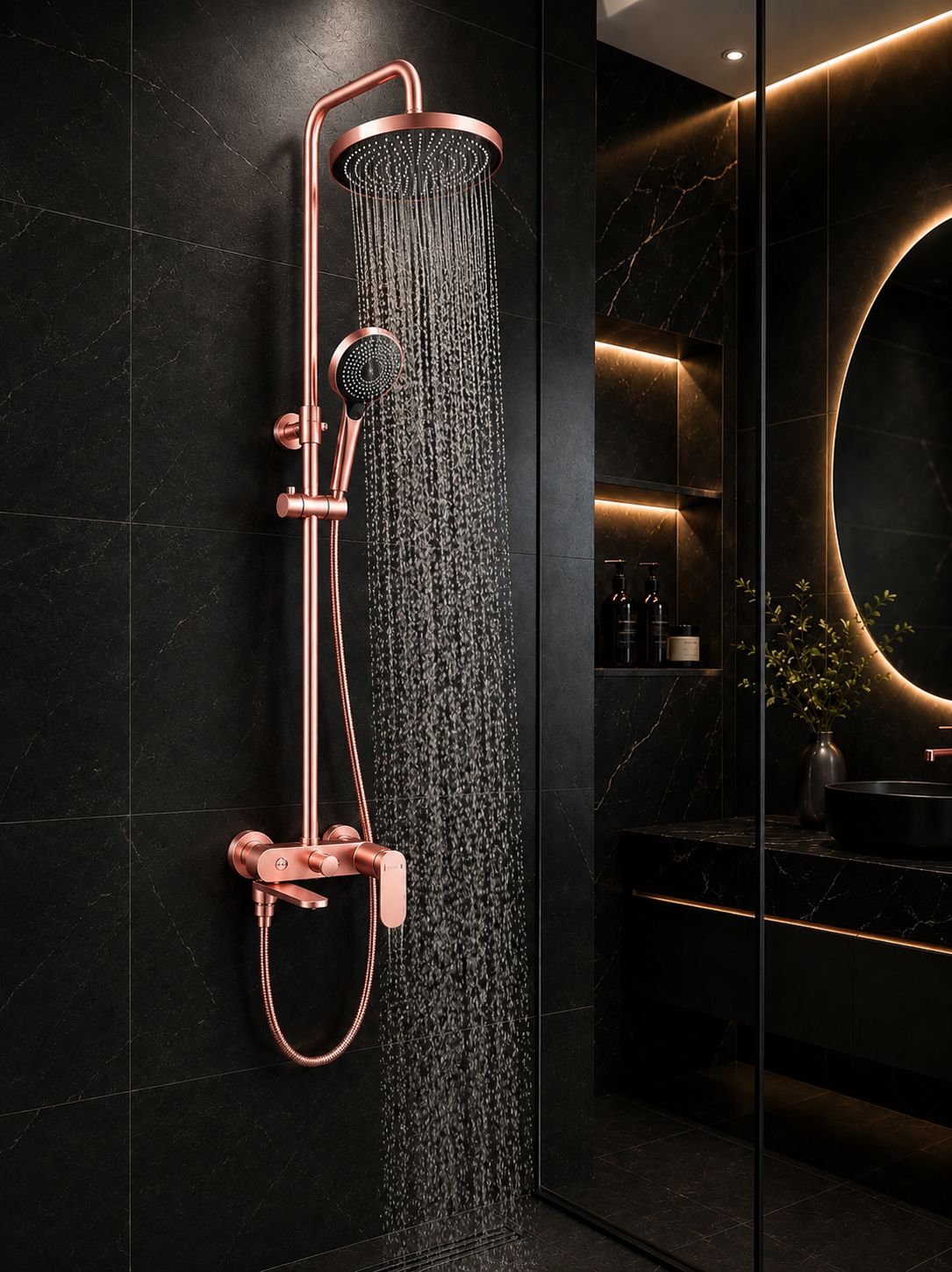 Coloana de dus, baterie incorporata,pipa pivotanta, alama, rose-gold  RV16519R