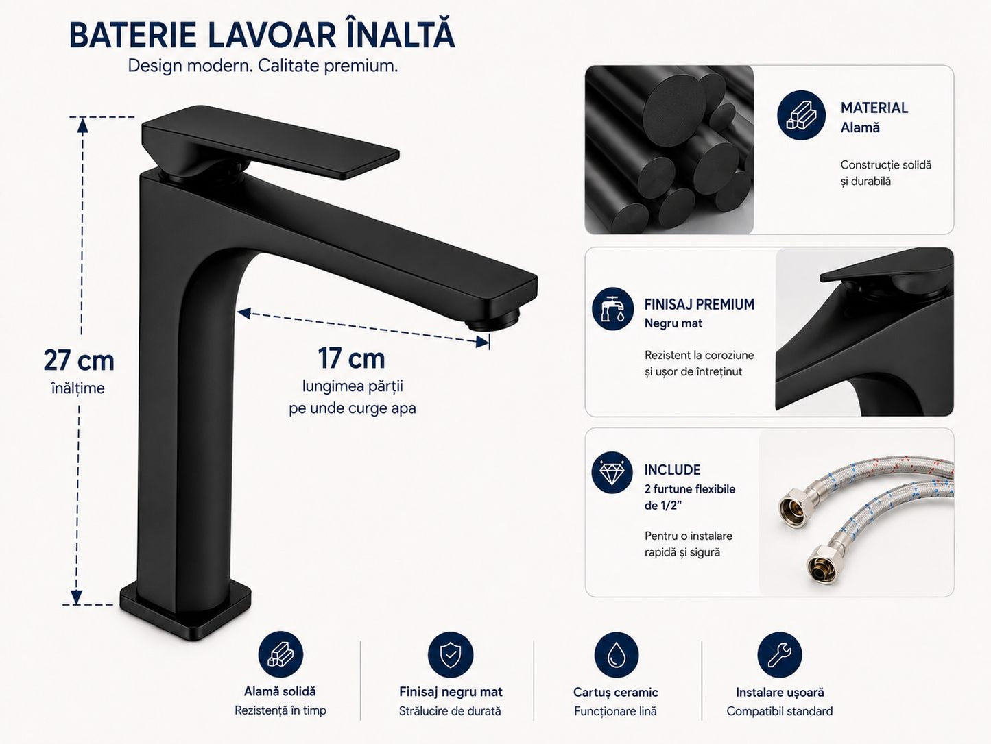 Baterie pentru lavoar cu corp inaltat, alama, negru  RV1401HB