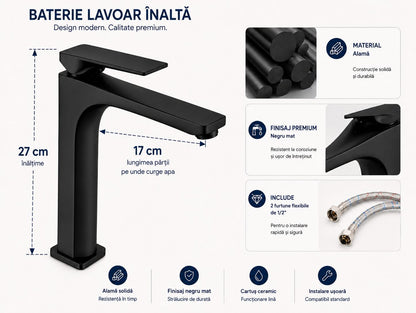 Baterie pentru lavoar cu corp inaltat, alama, negru  RV1401HB