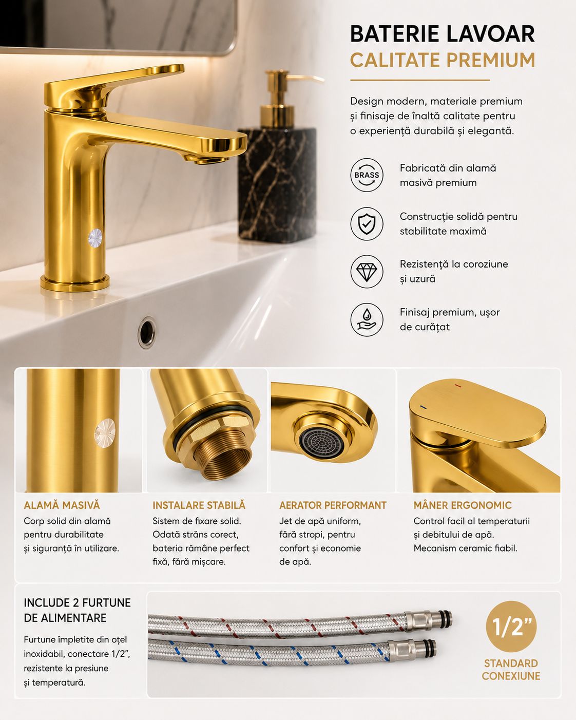 Baterie pentru lavoar, alama, auriu lucios RV1651GOLD