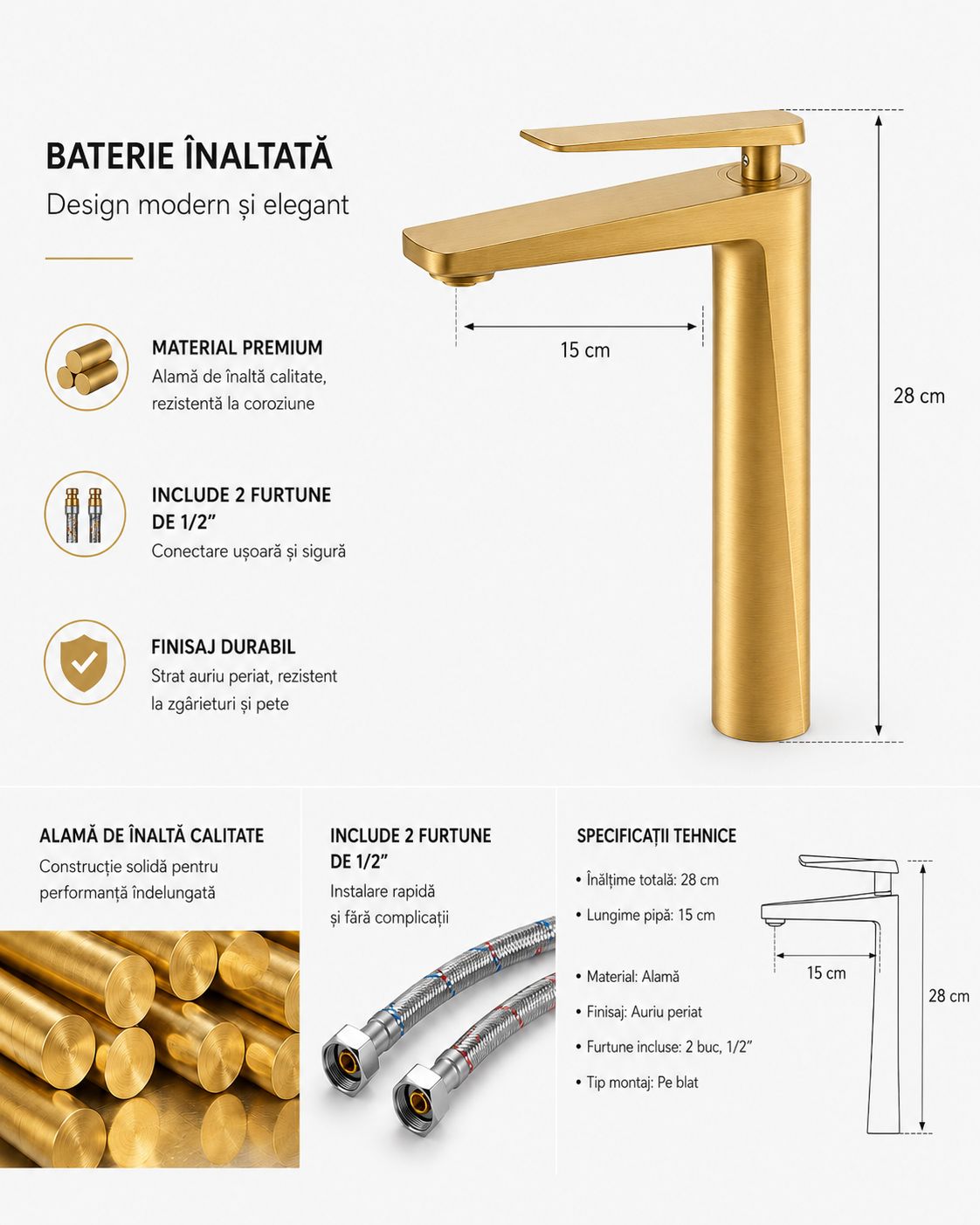 Baterie pentru lavoar cu corp inaltat, alama, auriu periat  RV6101HBG