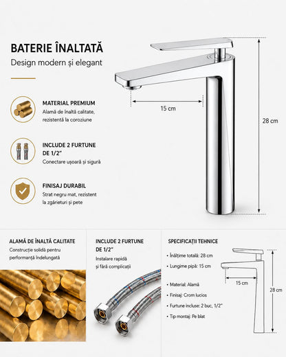 Baterie pentru lavoar cu corp inaltat, alama, crom  RV6101HC