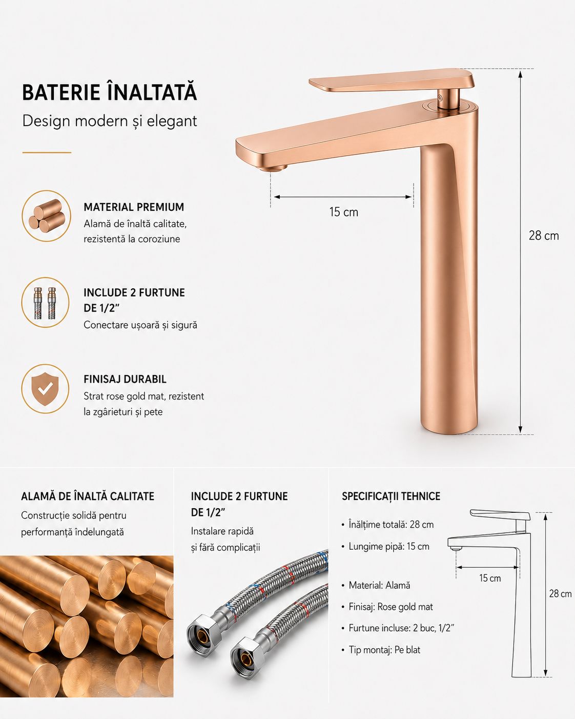 Baterie pentru lavoar cu corp inaltat, alama, rose-gold  RV6101HR