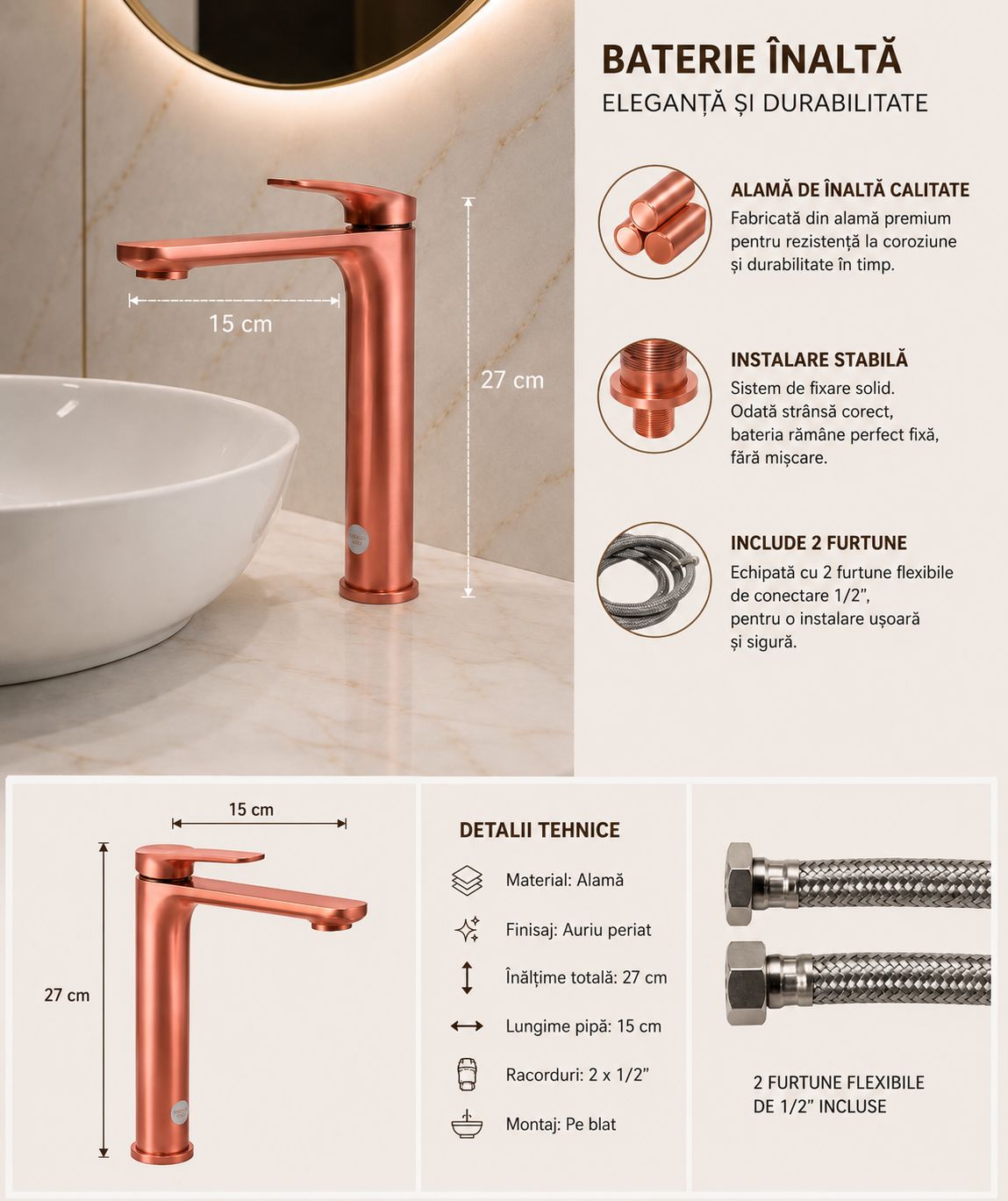 Baterie pentru lavoar cu corp inaltat, alama, rose-gold  RV1651HR