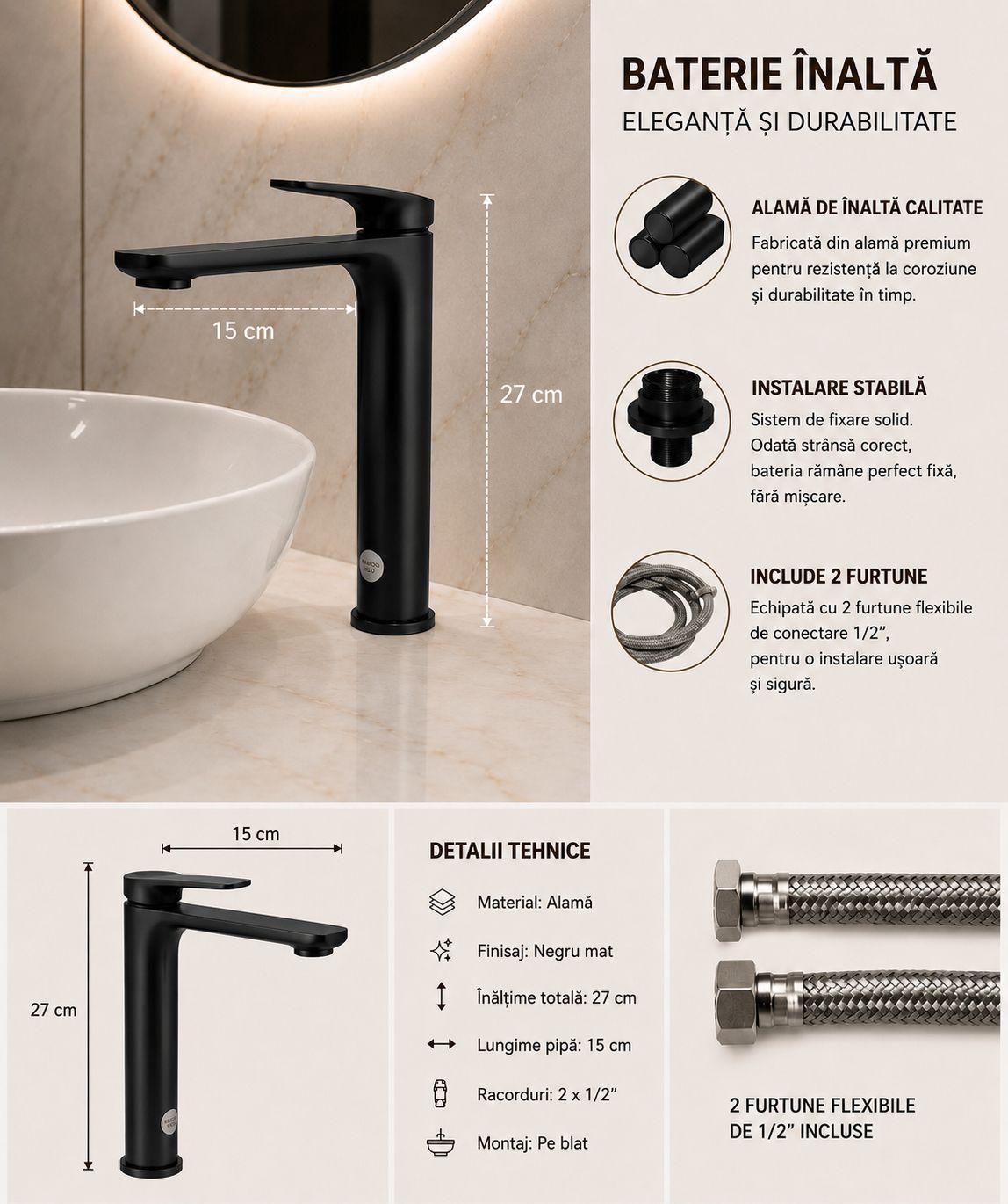 Baterie pentru lavoar cu corp inaltat, alama, negru  RV1651HB