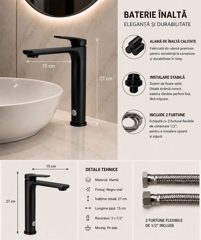 Baterie pentru lavoar cu corp inaltat, alama, negru  RV1651HB