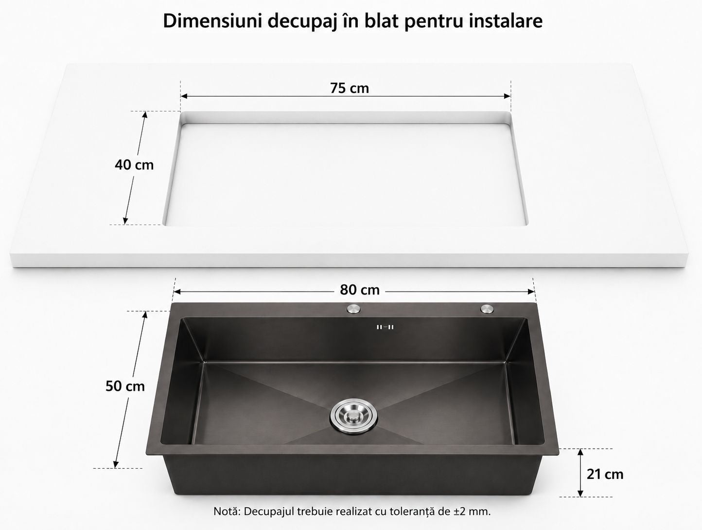 Chiuveta de bucatarie, otel inoxidabil, 80x50cm, neagra RV888818