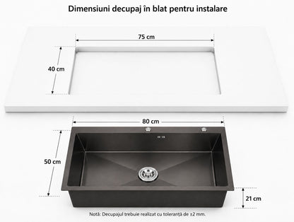 Chiuveta de bucatarie, otel inoxidabil, 80x50cm, neagra RV888818