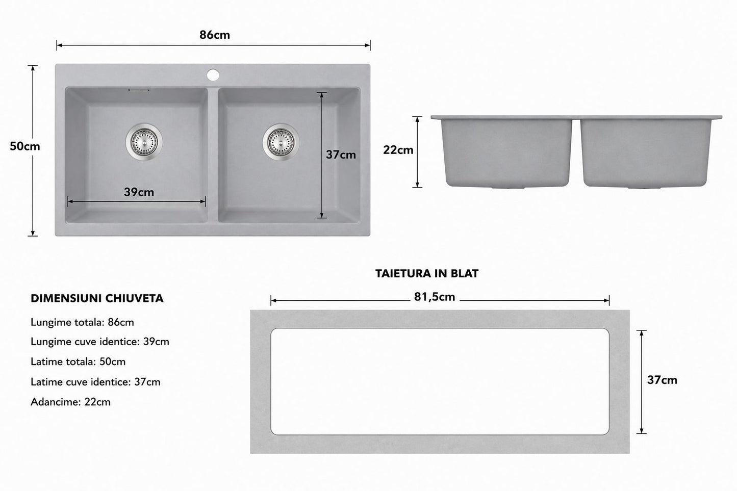 Chiuveta Bucatarie Compozit Granit, Dubla Cuve, Cu Accesorii Scurgere, 86x50 cm RV8888151G