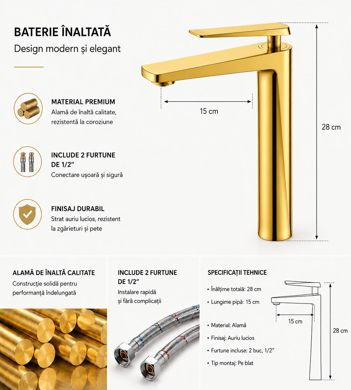 Baterie pentru lavoar cu corp inaltat, alama, gold  RV6101H.GOLD
