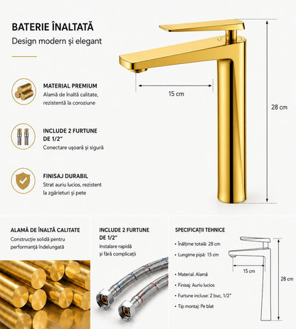 Baterie pentru lavoar cu corp inaltat, alama, gold  RV6101H.GOLD