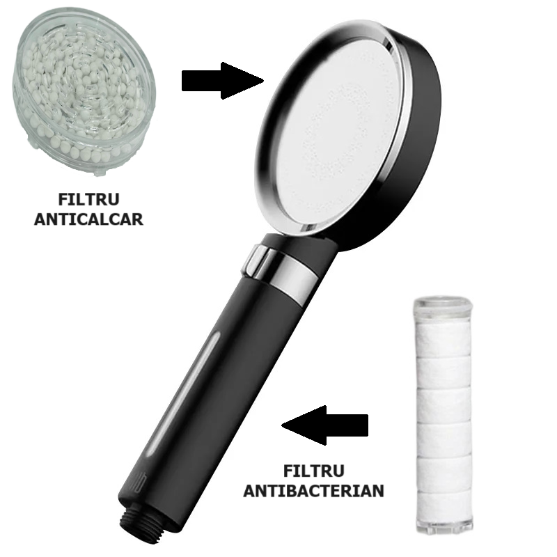 Para de dus, 1 functie, 2filtre, filtru anticalcar, filtru antibacterian, negru  RV888847H