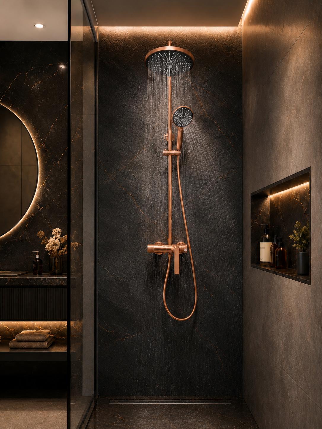 Coloana de dus, baterie incorporata, alama, rose gold  RV61019R