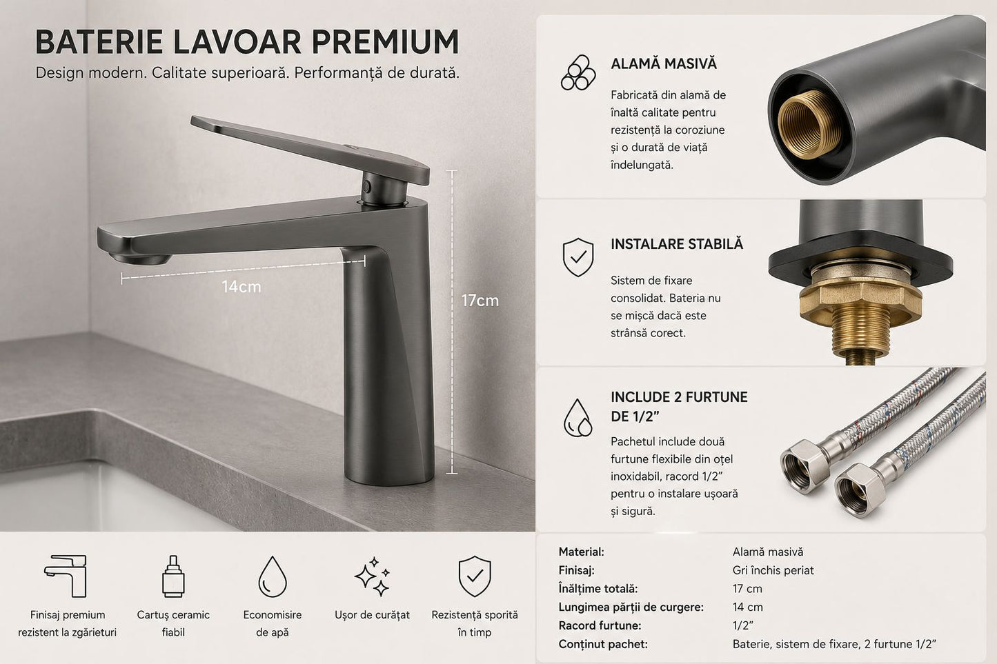 Baterie pentru lavoar, alama, gri  RV6101G