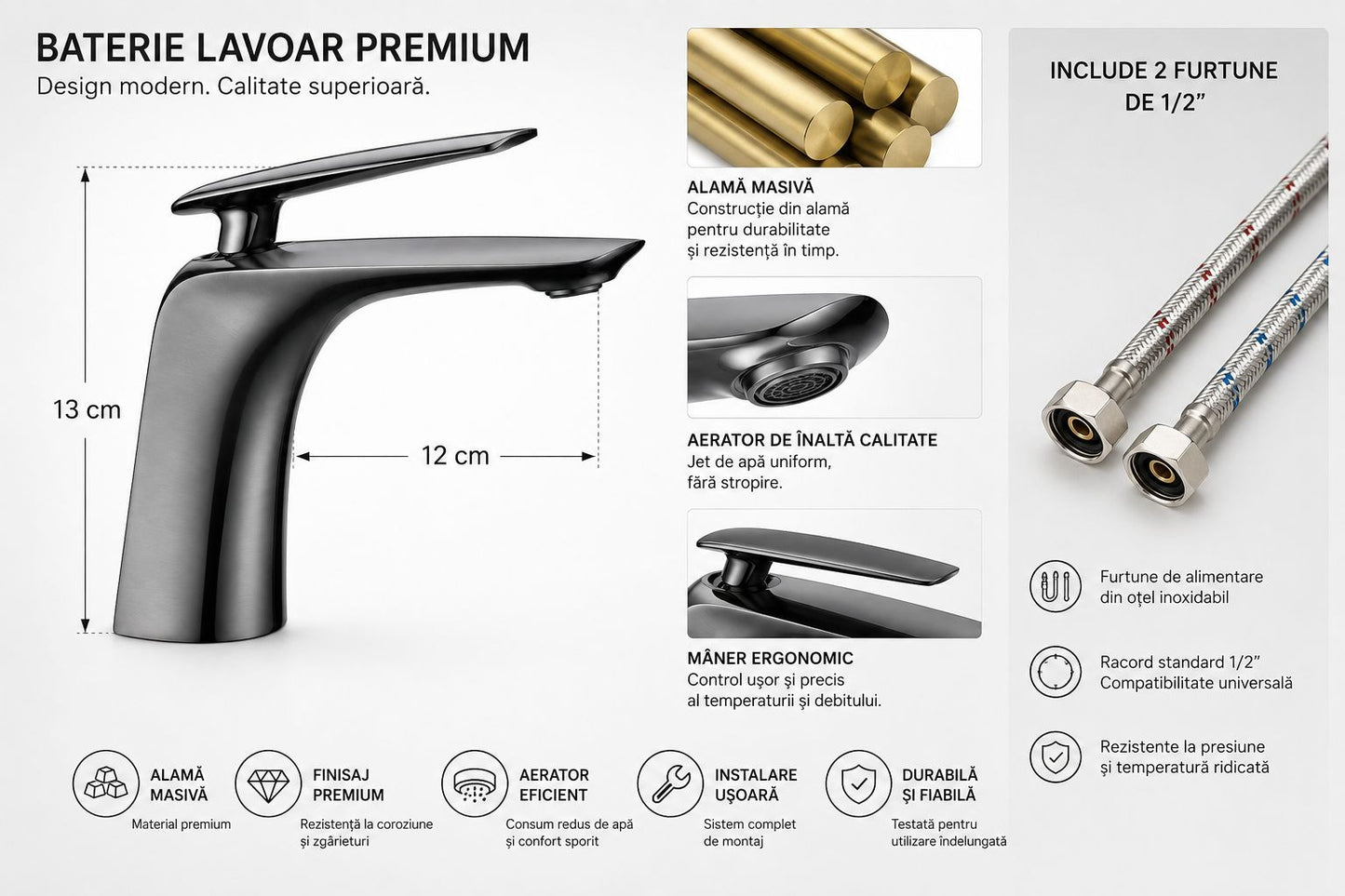 Baterie lavoar, alama, kit instalare inclus, gri mat  RV7401G