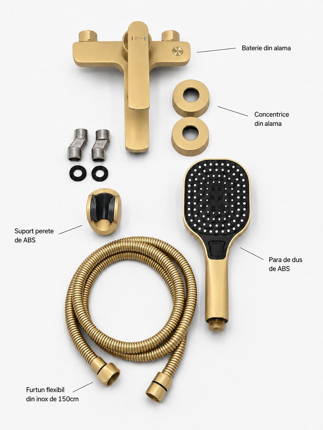 Baterie de cada, alama, set de dus inclus, auriu lucios RV6105GOLD