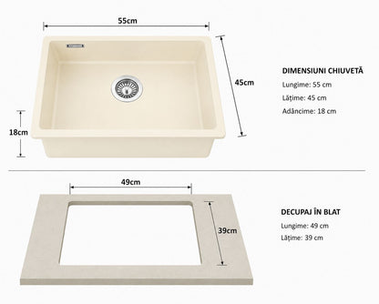 hiuveta Bucatarie Compozit Granit, Monocuva, instalare pe blat sau sub blat 55x45x18 cm RV8888152L