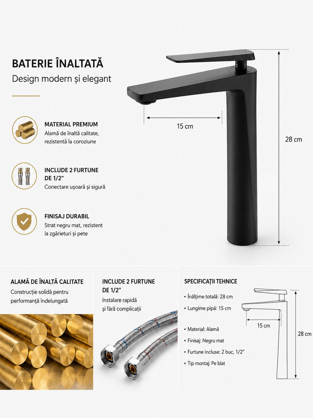 Baterie pentru lavoar cu corp inaltat, alama, negru  RV6101HB