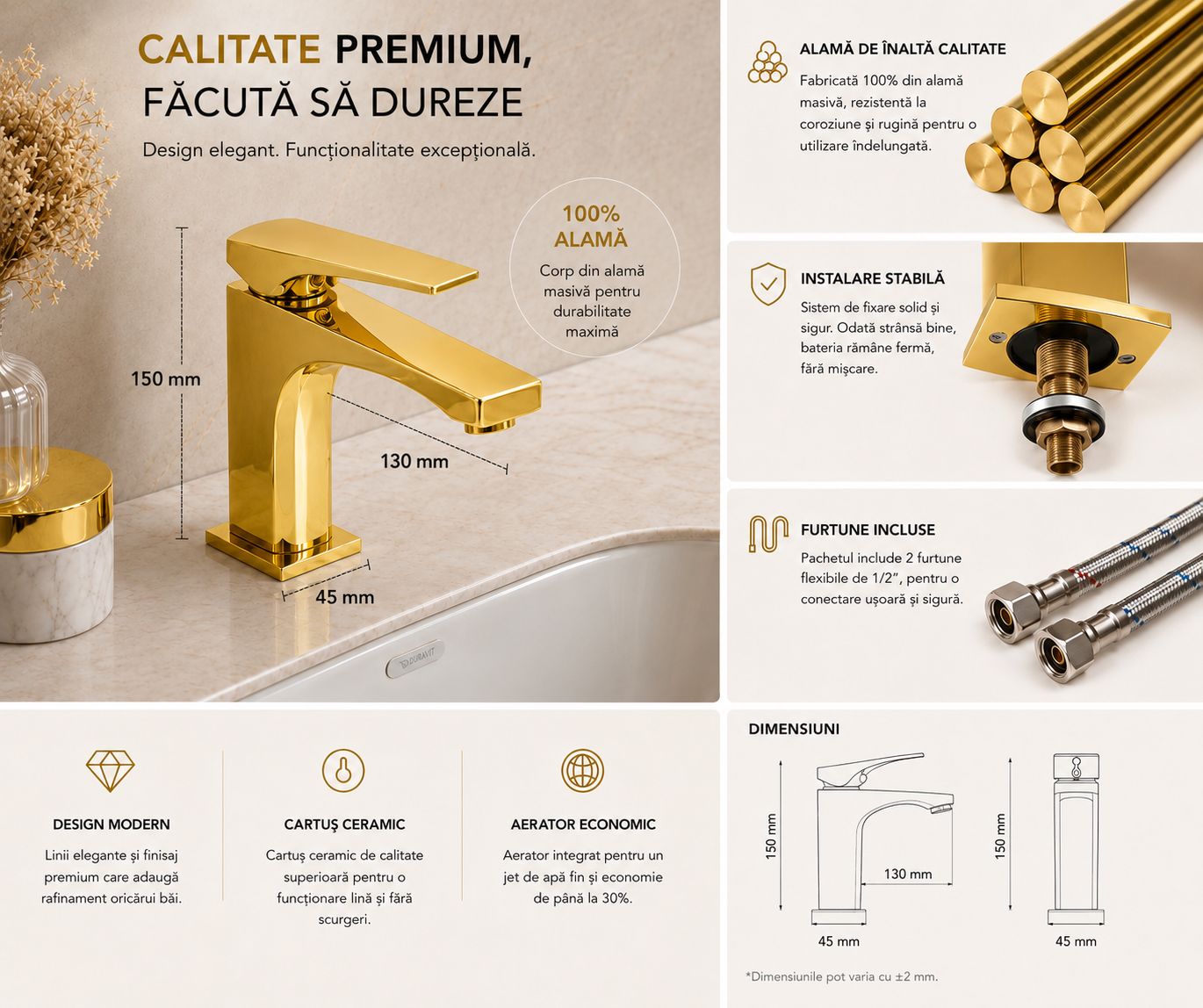 Baterie pentru lavoar, alama, auriu lucios RV1401GOLD