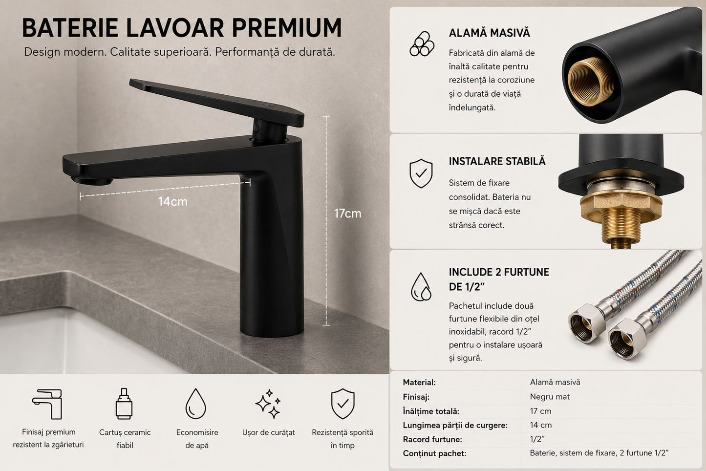 Baterie pentru lavoar, alama, negru  RV6101B