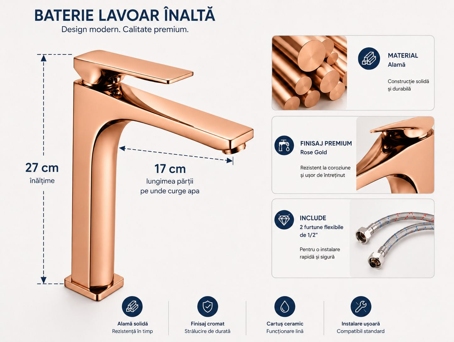 Baterie pentru lavoar cu corp inaltat, alama, rose-gold  RV1401HR