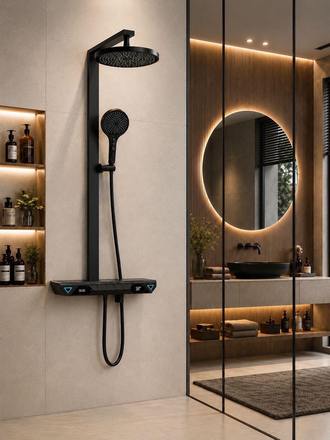 Coloana de dus, Termostat, Afișaj Digital și Lumini LED Autonome, inox, negru RVL31502B