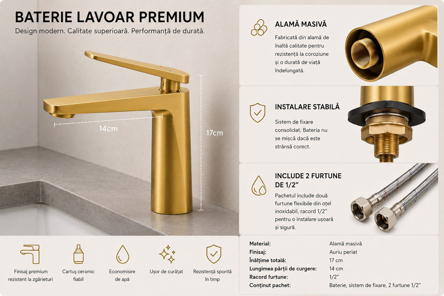 Baterie pentru lavoar, alama, auriu periat RV6101BG