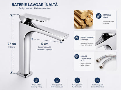 Baterie pentru lavoar cu corp inaltat, alama, crom  RV1401HC