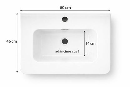 Set mobilier baie, suspendat, lavoar inclus, 60x46x41cm, aluminiu, dulap de baie cu oglinda LED, 55x68x11cm, 3 culori lumina, functie dezaburire, alb marmorat