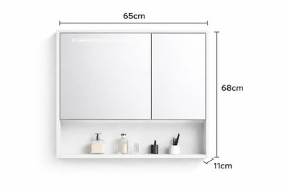 Set mobilier baie, suspendat, 70x47cm, sluminiu, sertar compartimentat, dulap oglinda 65x68x11cm, LED cu senzor, alb