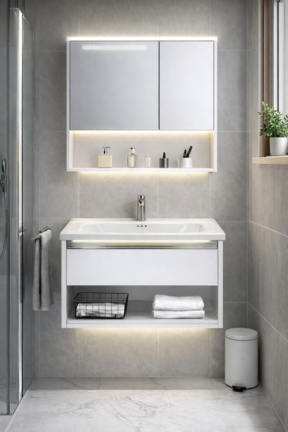Set mobilier baie, suspendat, 60x47cm, sluminiu, sertar compartimentat, dulap oglinda 55x68x11cm, LED cu senzor, alb